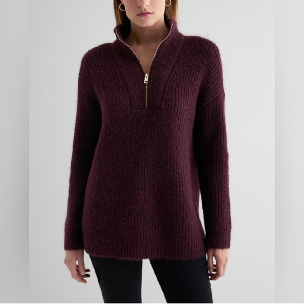 NWT Express Women's Fuzzy Knit Quarter Zip Tunic Sweater Size xs  Burgundy